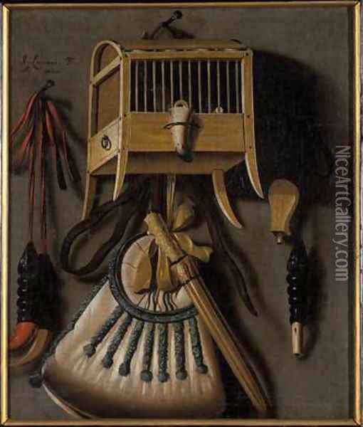 Still life with bird trapping equipment Oil Painting - Johannes Leemans