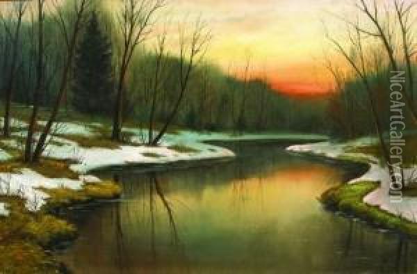 Paysage D'hiver Au Coucher De Soleil. Oil Painting - Efim Efimovich Volkov