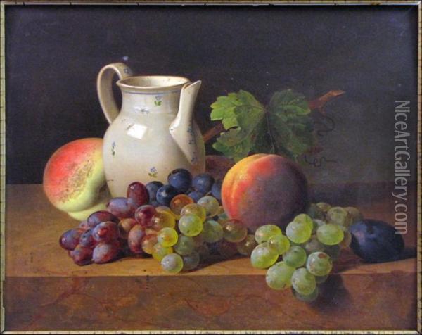 Kuss Stilllife With Peaches, Grapes And Pitcher Oil Painting - Ferdinand Kuss