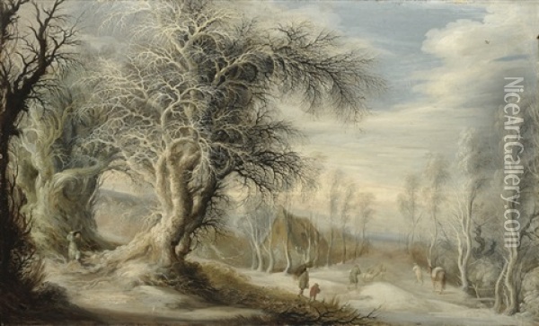 A Winter Landscape With A Woodsman And Travellers Oil Painting - Gysbrecht Leytens