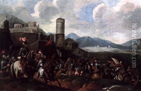 A Cavalry Skirmish Outside The Walls Of A Fortified Town Oil Painting - Francesco Simonini