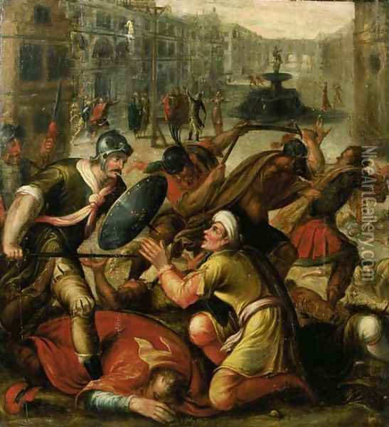 Footsoldiers invading a city Oil Painting - Karel Van Mander I