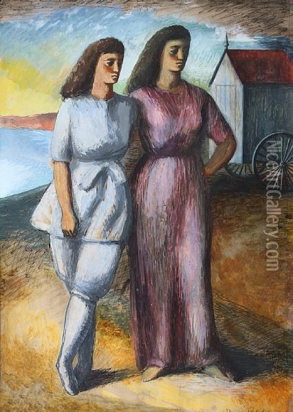 Two Women By A Beach Hut Oil Painting - Richard Eduard Dreher