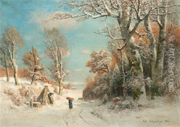 Sammlerin Und Jager In Einer Winterlandschaft Oil Painting - Adolf Gustav Schweitzer