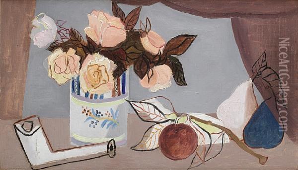 Still Life With Flowers, Fruit And A Claypipe Oil Painting - Christopher Wood