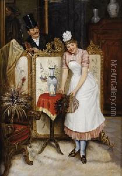 The Flirt, Interior Scene Oil Painting - Luigi Scaffai