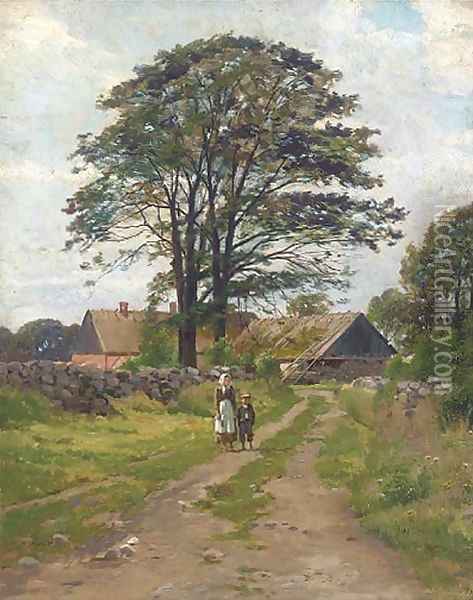 Figures on a beaten track, with a farmhouse beyond Oil Painting - Danish School