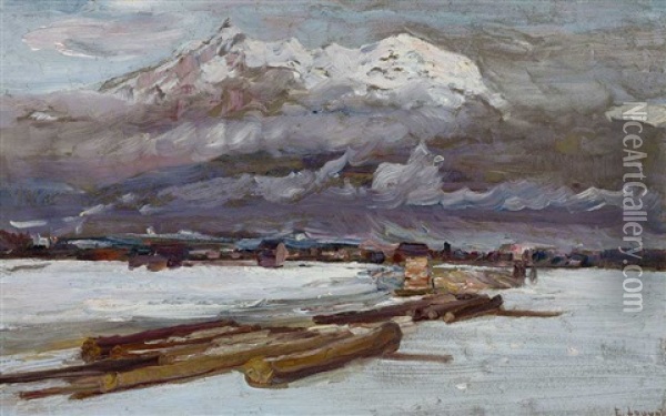 Aus Partenkirchen. Winterlandschaft An Der Loisach Mit Zugspitzmassiv Oil Painting - Edmond Louyot