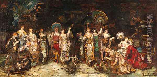 Combat de coqs devant un groupe de jeunes femmes Oil Painting - Adolphe Monticelli