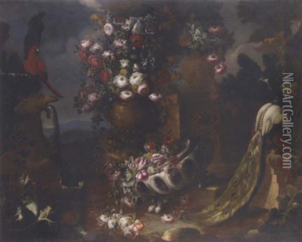Roses, Carnations, Poppies, Morning Glory, Asters And Other Flowers In Two Urns, A Parrot By A Fountain, A Thistle, A Peacock And A Vine In An Ornamental Garden Oil Painting - Nicola Casissa