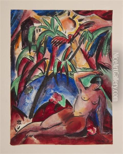 Reclining Nude In Jungle Oil Painting - Josef Eberz