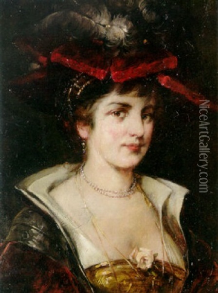 A Portrait Of A Lady In A Red Plumed Hat Oil Painting - Georg Papperitz