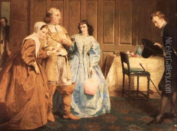 Cromwell Introducing His Two Daughters To A Suitor Oil Painting - James Hayllar