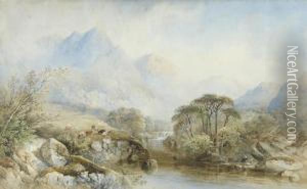 Mountainous River Landscape, An Angler In The Foreground Oil Painting - Cornelius Pearson