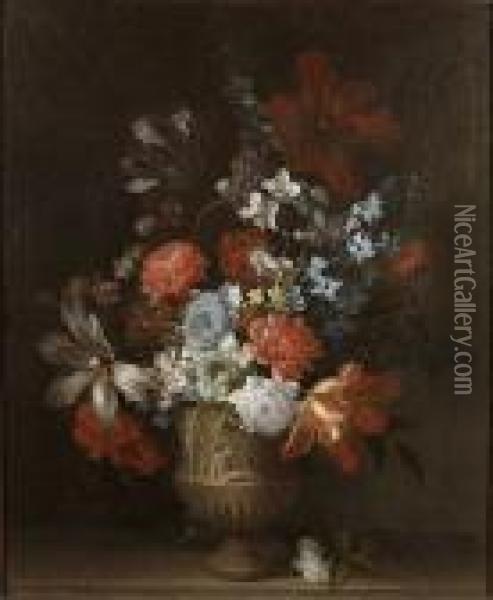 Tulips, Carnations, Narcissi And Other Flowers In A Stone Urn On A Ledge Oil Painting - Jean-Baptiste Monnoyer