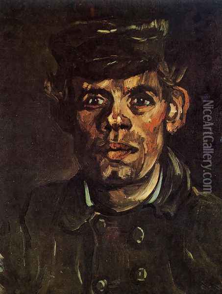 Head Of A Young Peasant In A Peaked Cap Oil Painting - Vincent Van Gogh