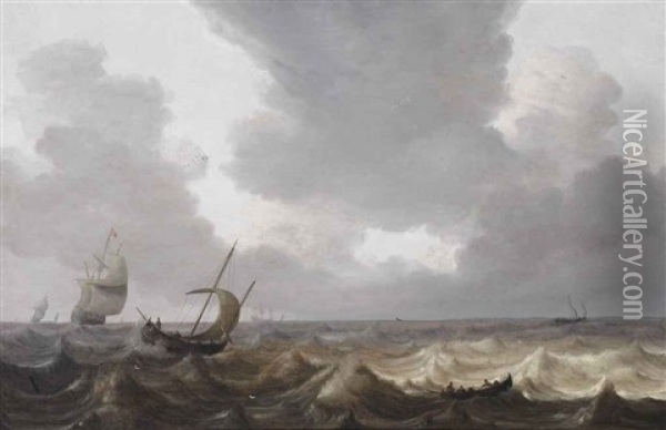 A Fishing Boat And A Rowing Boat On Choppy Water, A Three-master In The Distance Oil Painting - Pieter Mulier the Elder
