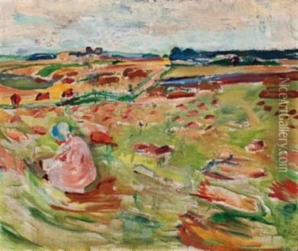 Kvinne I Nordsjaellandsk Landskap Oil Painting - Ludvig Peter Karsten