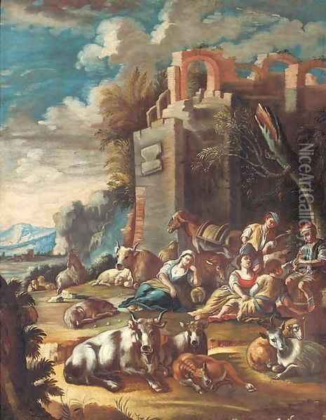 An Italianate landscape with peasants resting with cattle and sheep amongst ruins Oil Painting - Domenico Brandi
