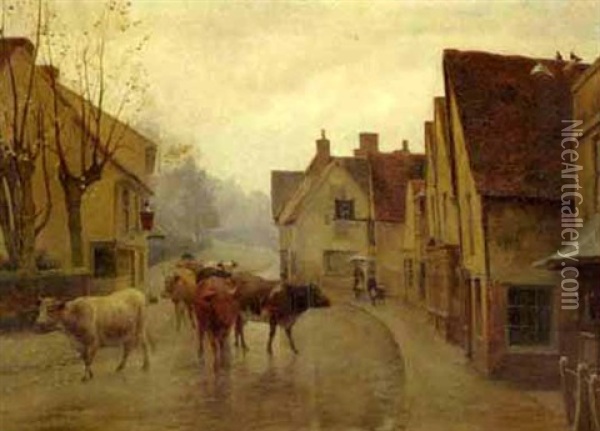 A Street Scene With A Herdsman And Cattle Oil Painting - William Sidney Cooper