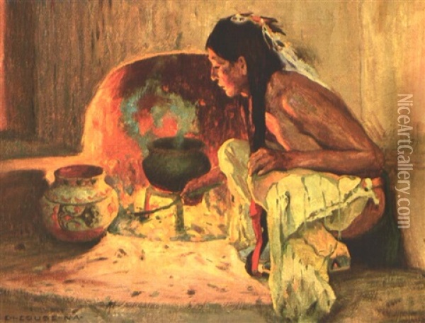 A Pueblo Fireplace Oil Painting - Eanger Irving Couse