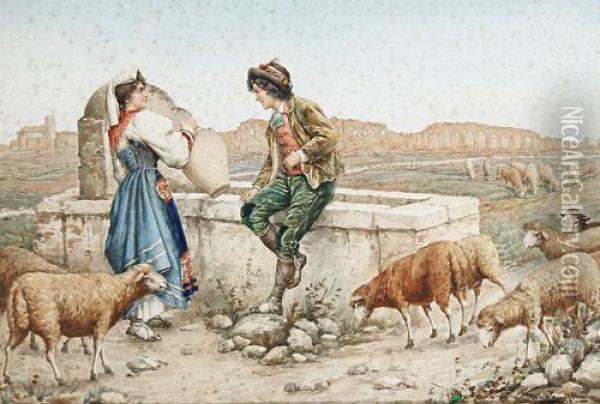 Flirting By The Well Oil Painting - Carlo Ferranti