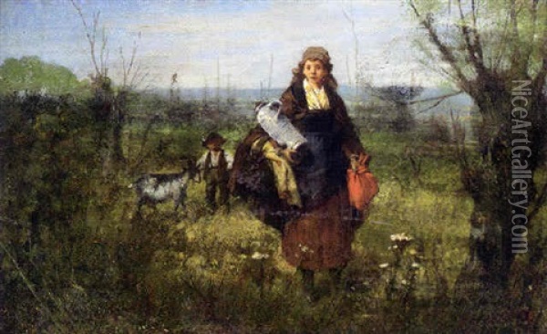 Heimkehrende Ziegenhirtin Oil Painting - Hermann Kellner the Younger