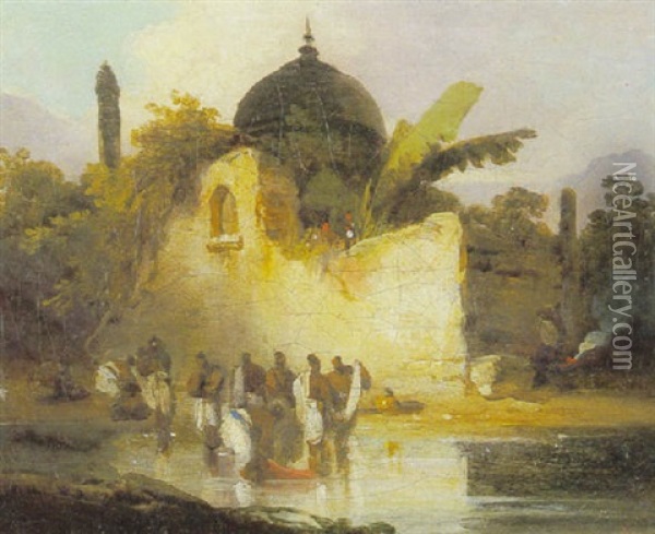 Indians Washing In A Pool By A Temple Oil Painting - George Chinnery