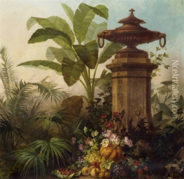 Assorted Flowers With Grapes, Strawberries, Peaches And A Pumpkin In A Tropical Garden Oil Painting - Jean Capeinick