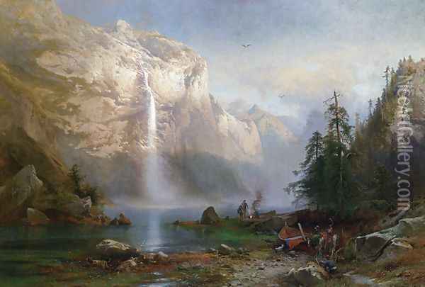 Mountain Lake Camp Oil Painting - Herman Herzog