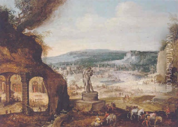 Landscape With A Statue Of Saturn Outside A Forge, A City And Port Beyond Oil Painting - Hendrick van Cleve III