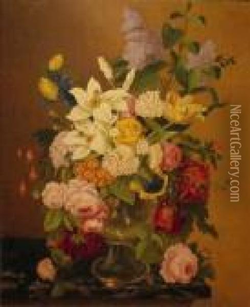 Floral Still Life In A Glass Vase Upon A Marble Ledge Oil Painting - Adelheid Dietrich