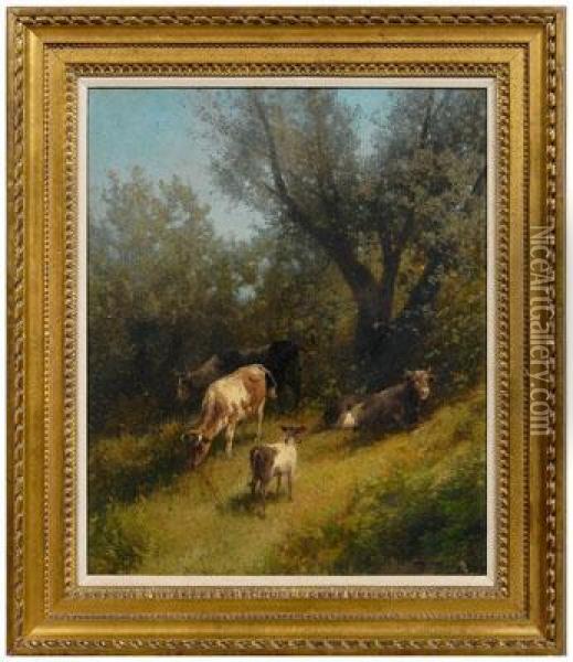 Cows Grazing Undera Tree Oil Painting - Herman Herzog