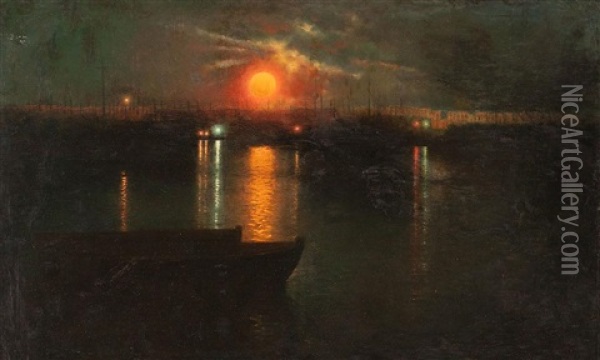 Nocturno: Puerto De Barcelona Oil Painting - Luis Graner y Arrufi