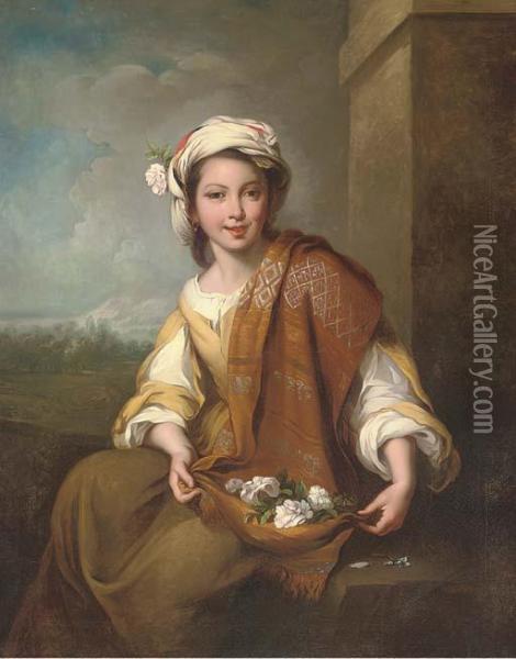 An Allegory Of Spring: A Young Girl Holding Flowers Oil Painting - Bartolome Esteban Murillo