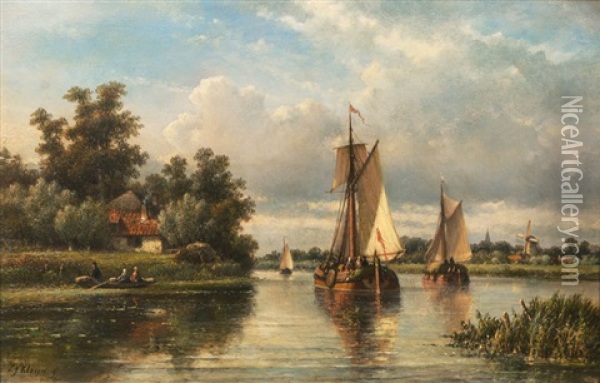 River Landscape With Boats Oil Painting - Lodewijk Johannes Kleijn