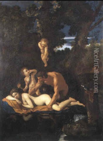 Jupiter Et Antiope Dans Un Paysage De Lac Oil Painting - Nicolas Poussin