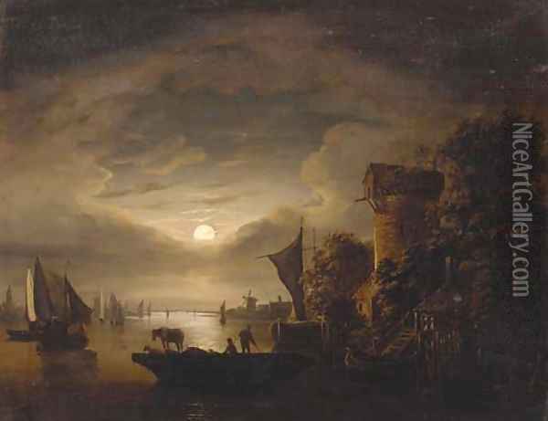 Figures with livestock on a ferry, in a moonlit river landscape Oil Painting - Abraham Pether