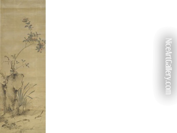 Sparrows In A Flowering Landscape Oil Painting - Shunkin Uragami