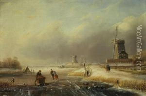 Winterlandschaft Mit Zweiwindmuhlen Oil Painting - Jan Jacob Coenraad Spohler