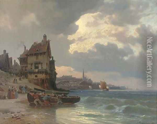 Dragging a fishing boat ashore by a French port Oil Painting - Charles Euphraisie Kuwasseg