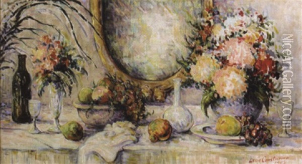Fleurs Et Fruits Sur La Nappe Blanche Oil Painting - Lucie Cousturier
