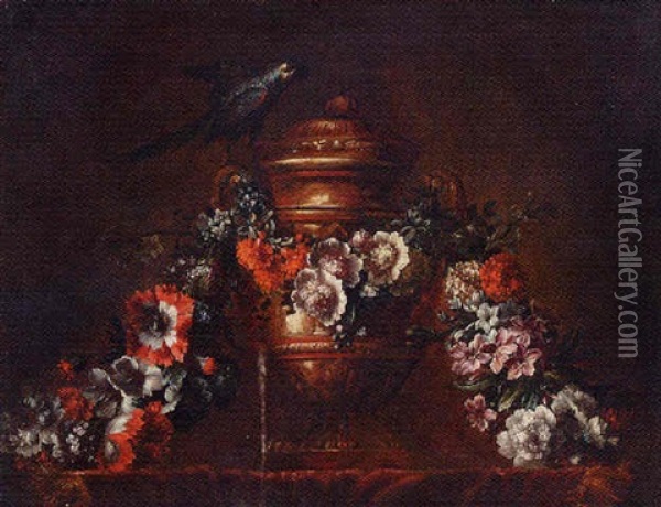 A Bronze Vase With A String Of Flowers And A Parrot Oil Painting - Pieter Casteels III
