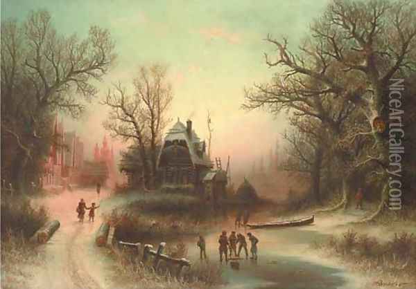 Figures in a winter landscape Oil Painting - Albert Bredow
