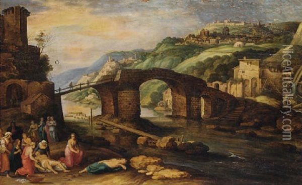 An Italianate Landscape With A Bridge Before A Town, Hero And Leander In The Foreground Oil Painting - Willem van Nieulandt the Younger