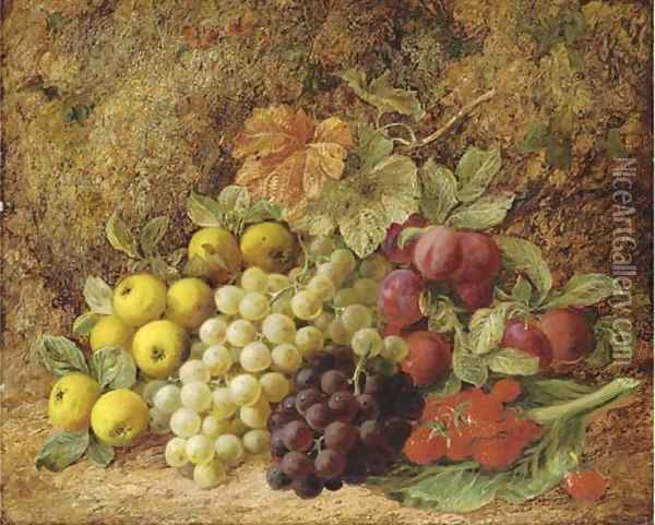 Apples, grapes, plums and strawberries on a mossy bank Oil Painting - George Clare