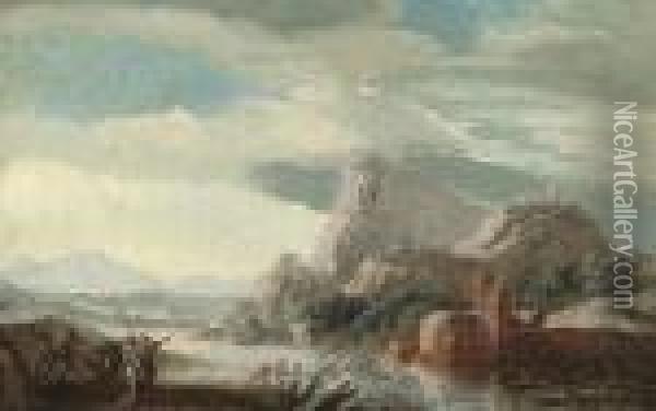 An Extensive River Landscape With Anglers And Soldiers Conversing On The Bank Oil Painting - Salvator Rosa
