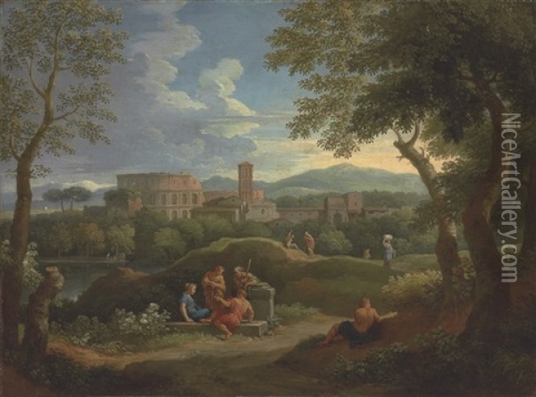 A Capriccio In The Roman Campagna With Classical Figures Oil Painting - Jan Frans van Bloemen