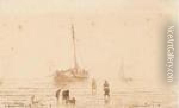 Un Paysage Maritime Avec Des Pecheurs Sur La Greve Oil Painting - Theodore Gudin