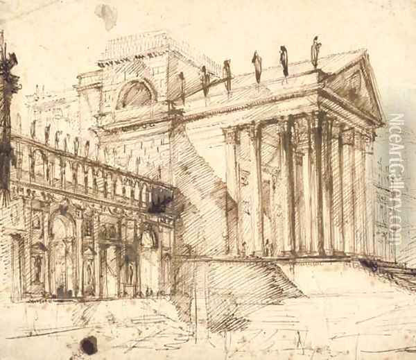The portico and facade of an elaborate neo-classical building Oil Painting - Giovanni Battista Piranesi